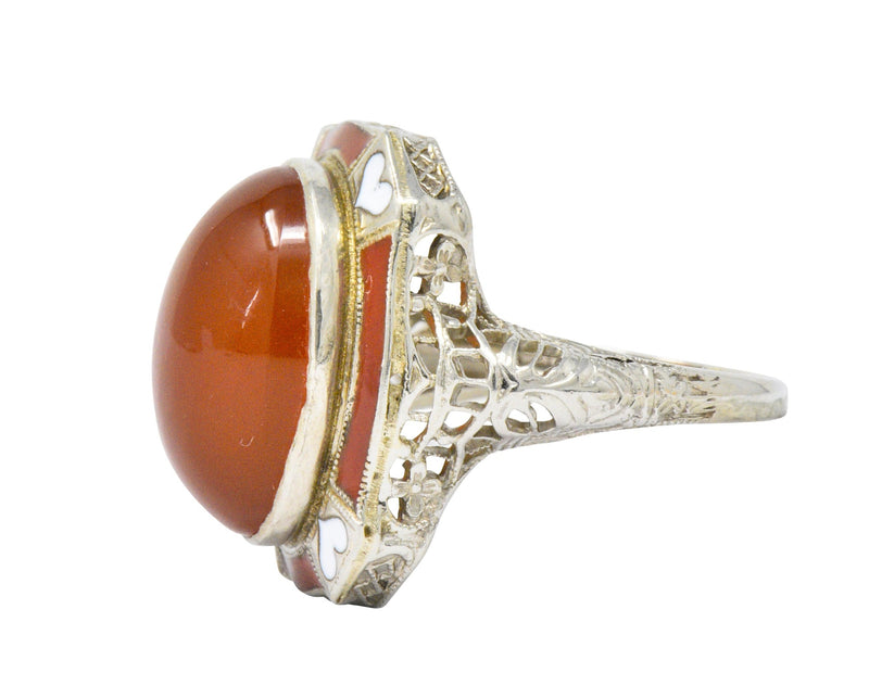 Art Deco Carnelian Enamel Hearts 14 Karat White Gold Ring - Wilson's Estate Jewelry