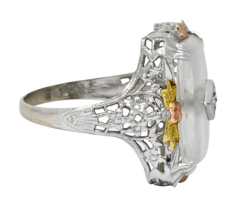 Art Deco Diamond Camphor Glass 14 Karat Tri-Color Gold Dinner Ring - Wilson's Estate Jewelry