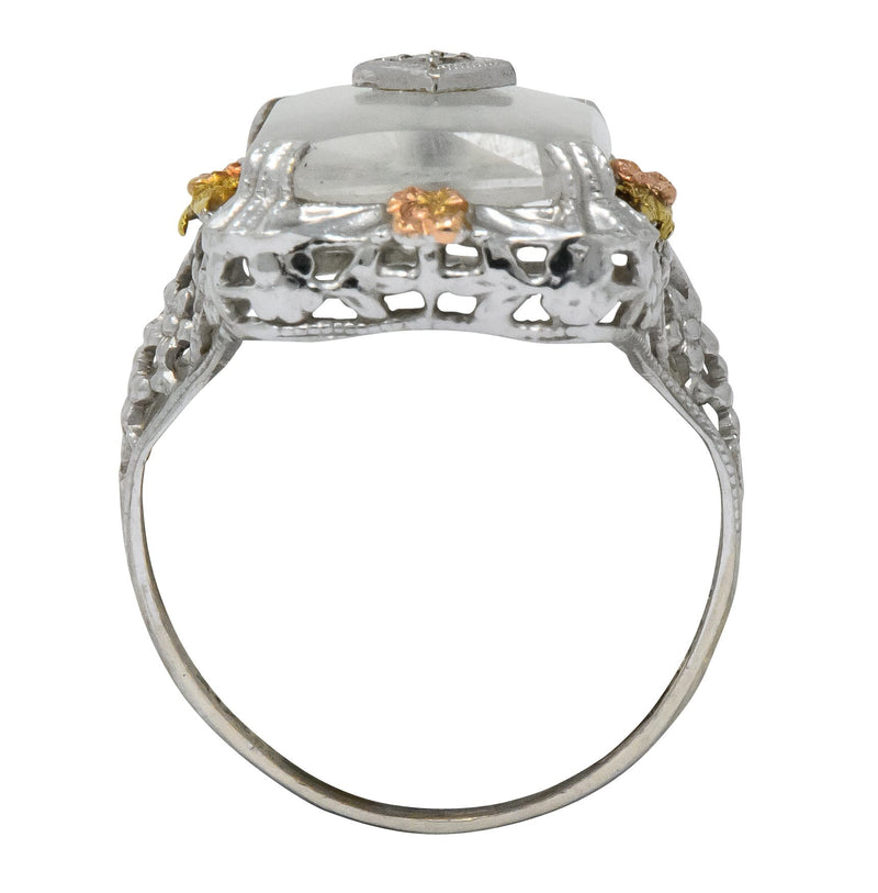 Art Deco Diamond Camphor Glass 14 Karat Tri-Color Gold Dinner Ring - Wilson's Estate Jewelry