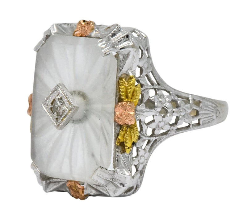Art Deco Diamond Camphor Glass 14 Karat Tri-Color Gold Dinner Ring - Wilson's Estate Jewelry