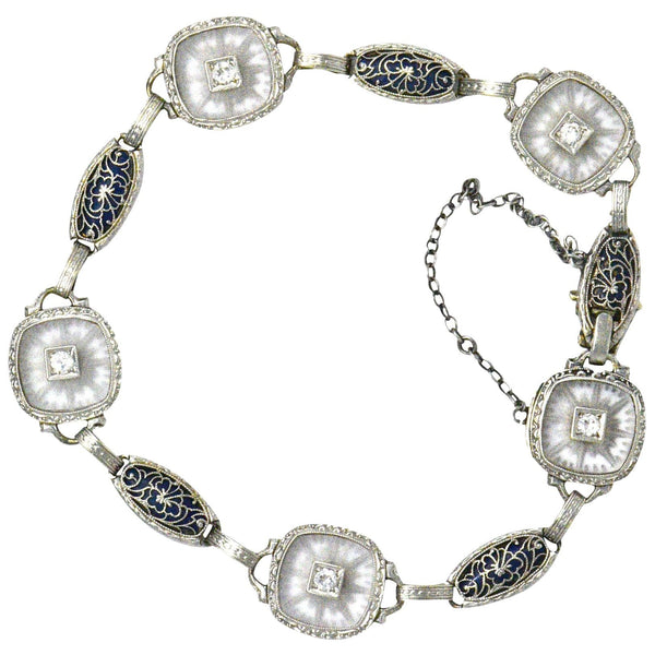 Art Deco Diamond Camphor Glass Enamel Platinum-Topped Bracelet Wilson's Estate Jewelry