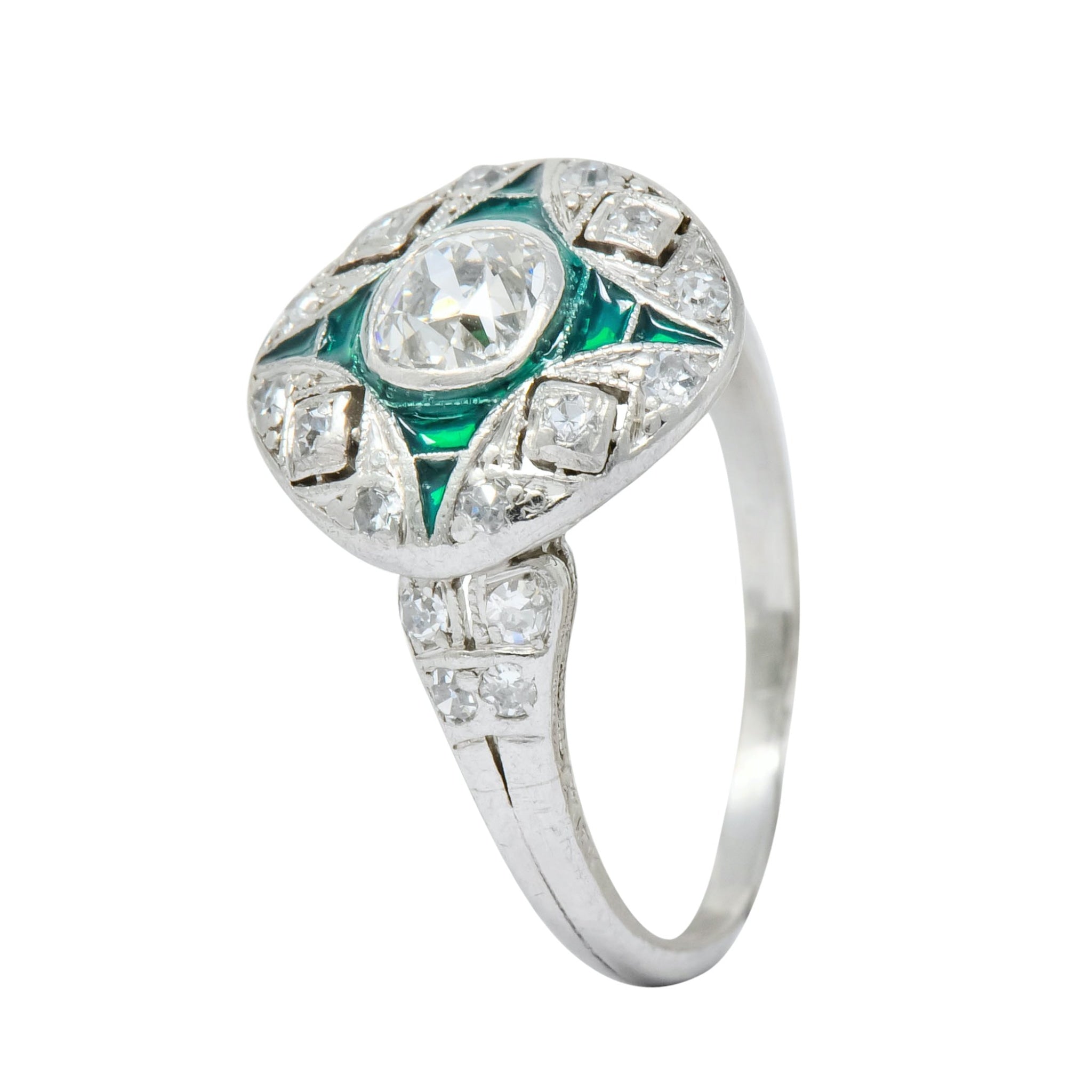 Art Deco Diamond Plique-à-Jour Enamel  Platinum Dinner Engagement Ring - Wilson's Estate Jewelry