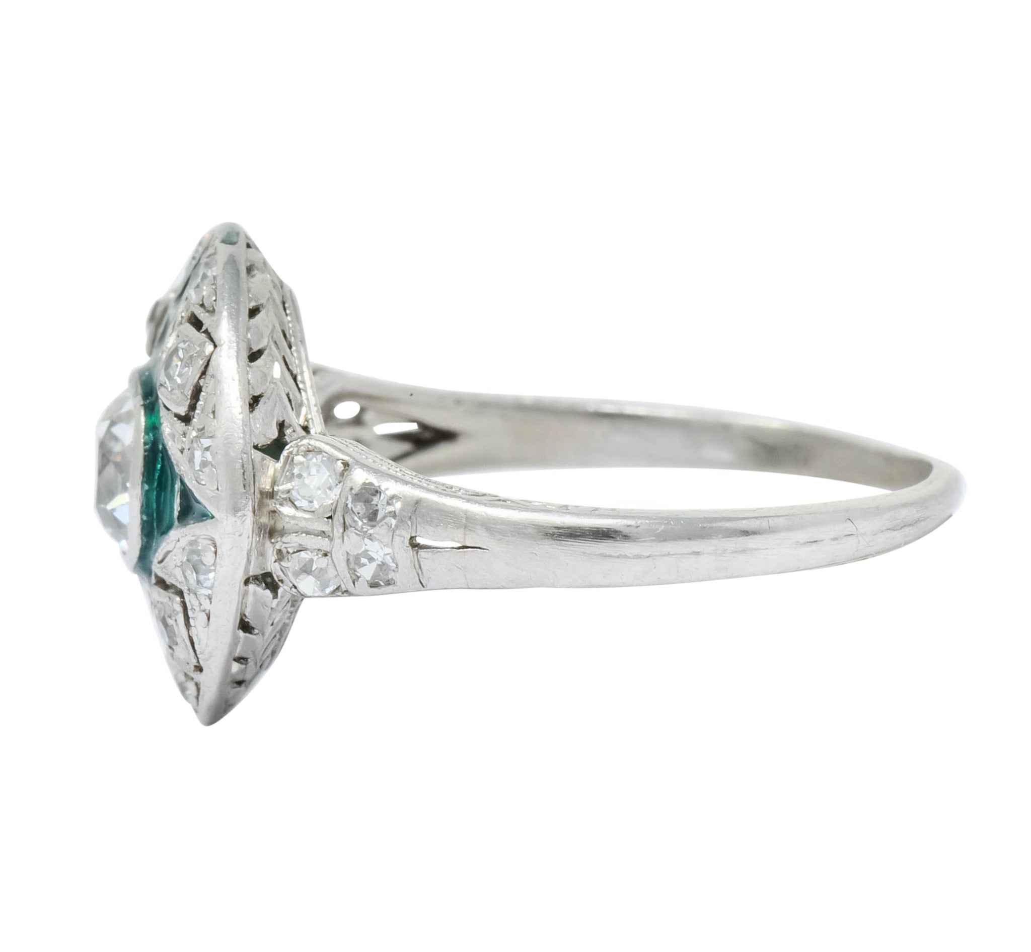 Art Deco Diamond Plique-à-Jour Enamel  Platinum Dinner Engagement Ring - Wilson's Estate Jewelry