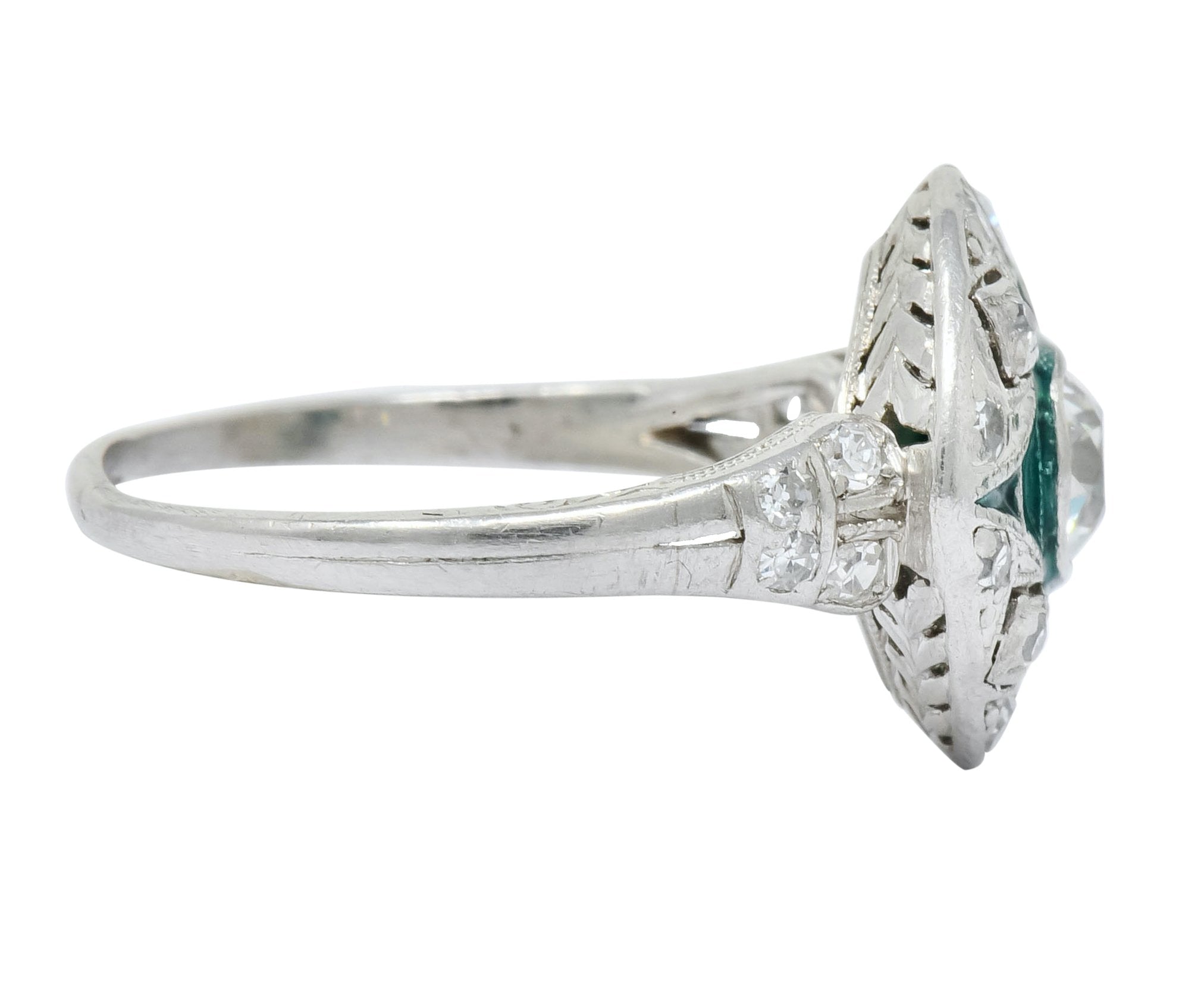 Art Deco Diamond Plique-à-Jour Enamel  Platinum Dinner Engagement Ring - Wilson's Estate Jewelry