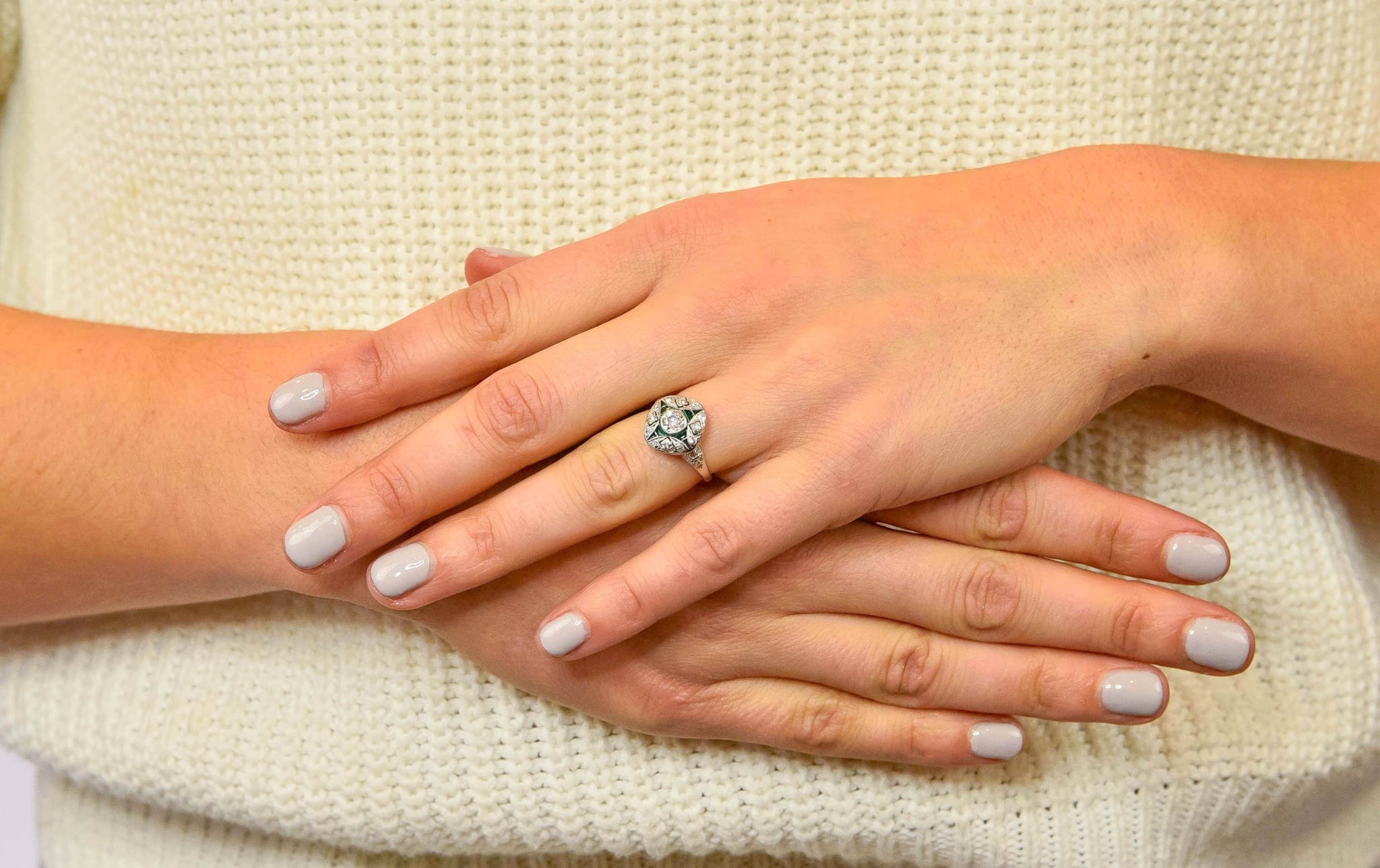 Art Deco Diamond Plique-à-Jour Enamel  Platinum Dinner Engagement Ring - Wilson's Estate Jewelry