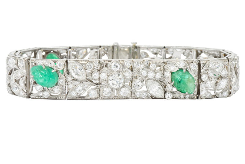 Art Deco Drosten 15.00 CTW Carved Emerald Diamond Platinum Bracelet Wilson's Estate Jewelry