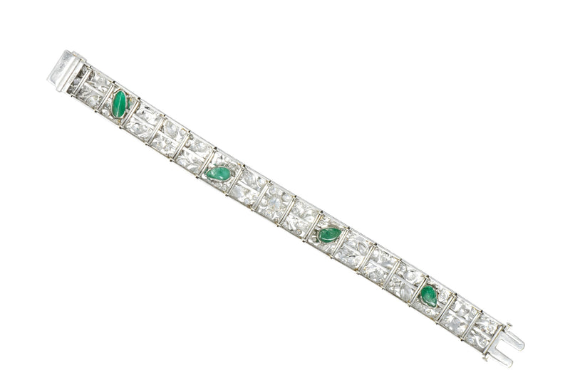 Art Deco Drosten 15.00 CTW Carved Emerald Diamond Platinum Bracelet Wilson's Estate Jewelry