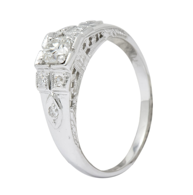 Art Deco Old European Cut Diamond 18 Karat White Gold Engagement Ring - Wilson's Estate Jewelry