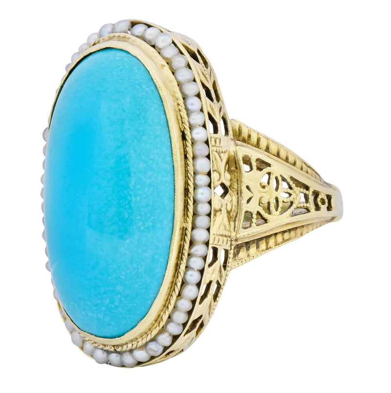 Art Deco Turquoise Seed Pearl 14 Karat Gold Fashion Ring - Wilson's Estate Jewelry