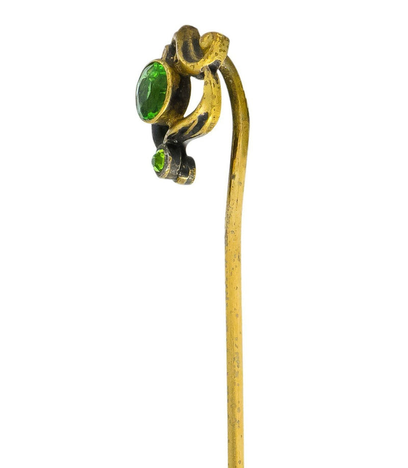Art Nouveau 0.40 CTW Demantoid Garnet Gold Stylized Whiplash Stickpin - Wilson's Estate Jewelry
