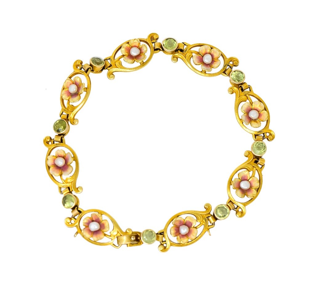 Art Nouveau 1.44 CTW Peridot Enamel Pearl 14 Karat Gold Link Bracelet - Wilson's Estate Jewelry
