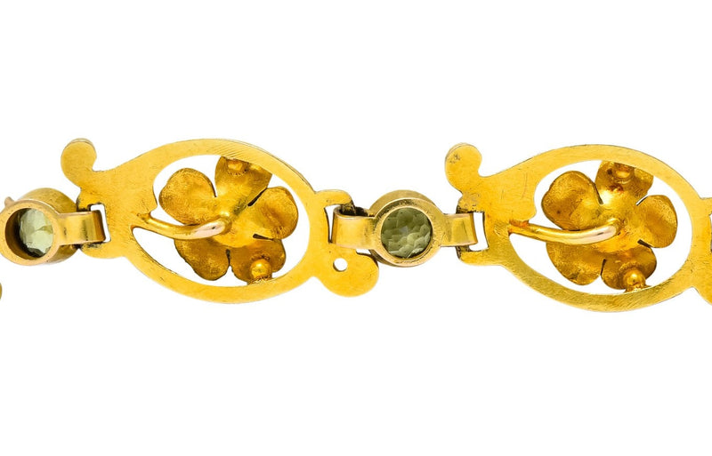 Art Nouveau 1.44 CTW Peridot Enamel Pearl 14 Karat Gold Link Bracelet - Wilson's Estate Jewelry