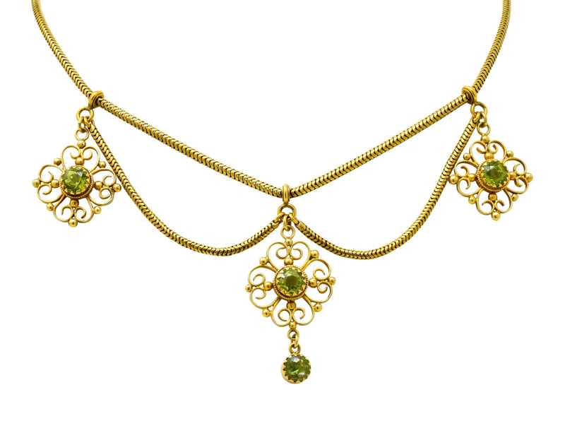Art Nouveau 8.50 CTW Peridot 14 Karat Gold Swag Necklace - Wilson's Estate Jewelry