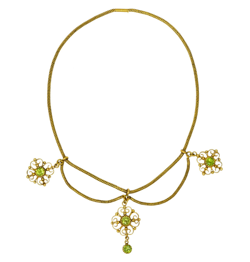 Art Nouveau 8.50 CTW Peridot 14 Karat Gold Swag Necklace - Wilson's Estate Jewelry