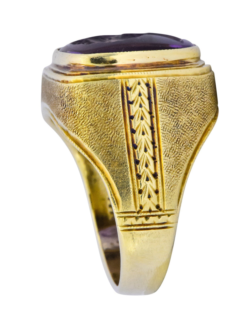 Art Nouveau Amethyst Intaglio 14 Karat Gold Unisex Ring - Wilson's Estate Jewelry