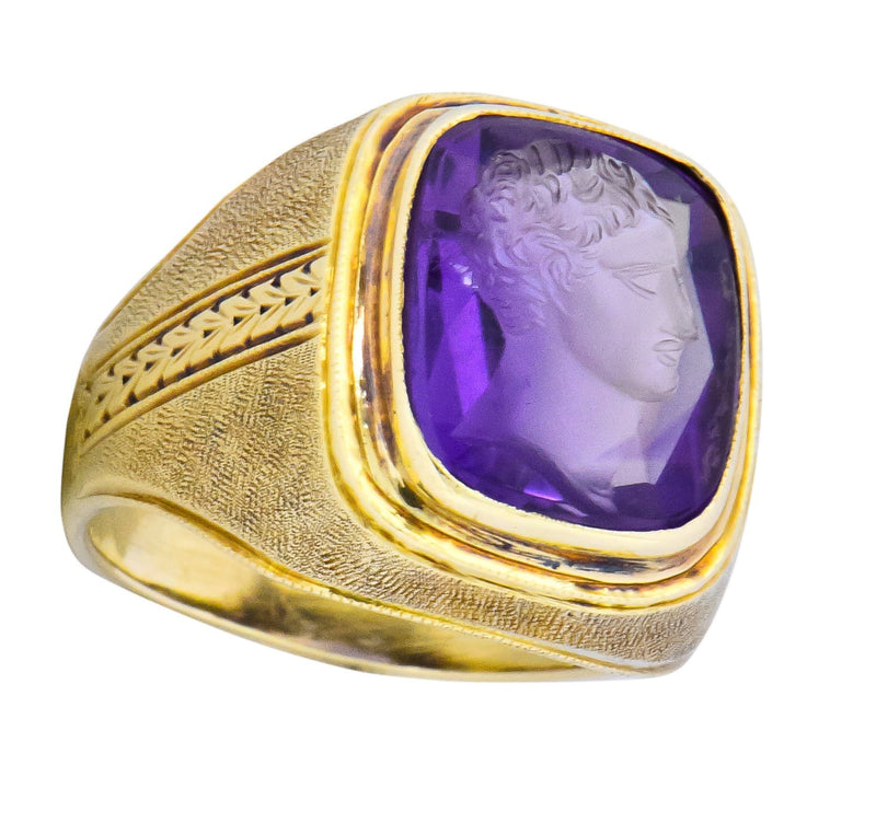 Art Nouveau Amethyst Intaglio 14 Karat Gold Unisex Ring - Wilson's Estate Jewelry