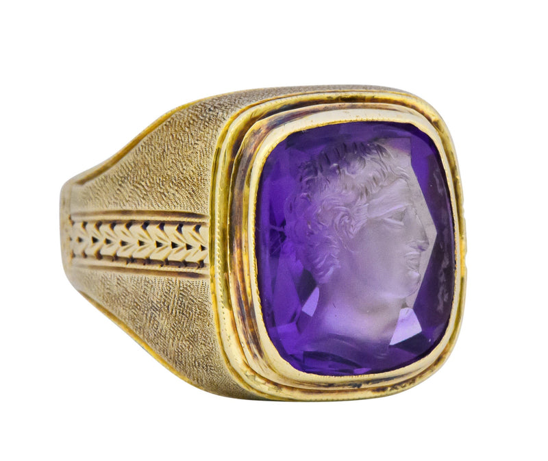 Art Nouveau Amethyst Intaglio 14 Karat Gold Unisex Ring - Wilson's Estate Jewelry