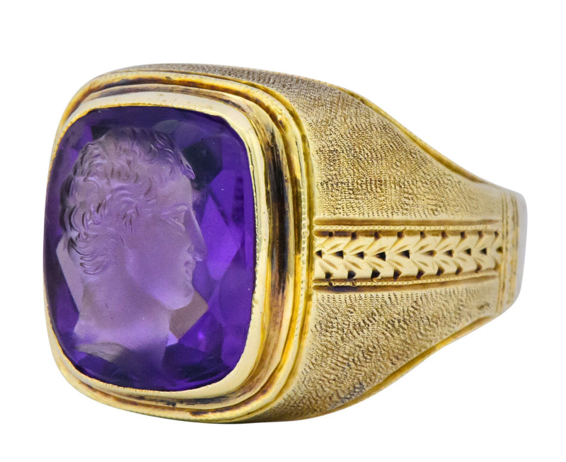 Art Nouveau Amethyst Intaglio 14 Karat Gold Unisex Ring - Wilson's Estate Jewelry