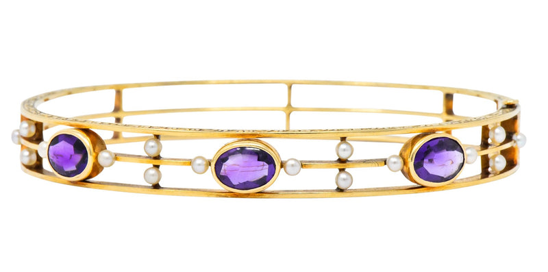 Art Nouveau Amethyst Pearl 14 Karat Gold Bangle Bracelet - Wilson's Estate Jewelry