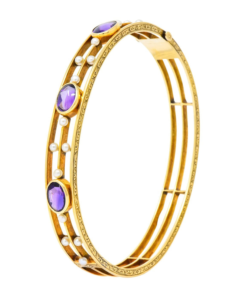 Art Nouveau Amethyst Pearl 14 Karat Gold Bangle Bracelet - Wilson's Estate Jewelry