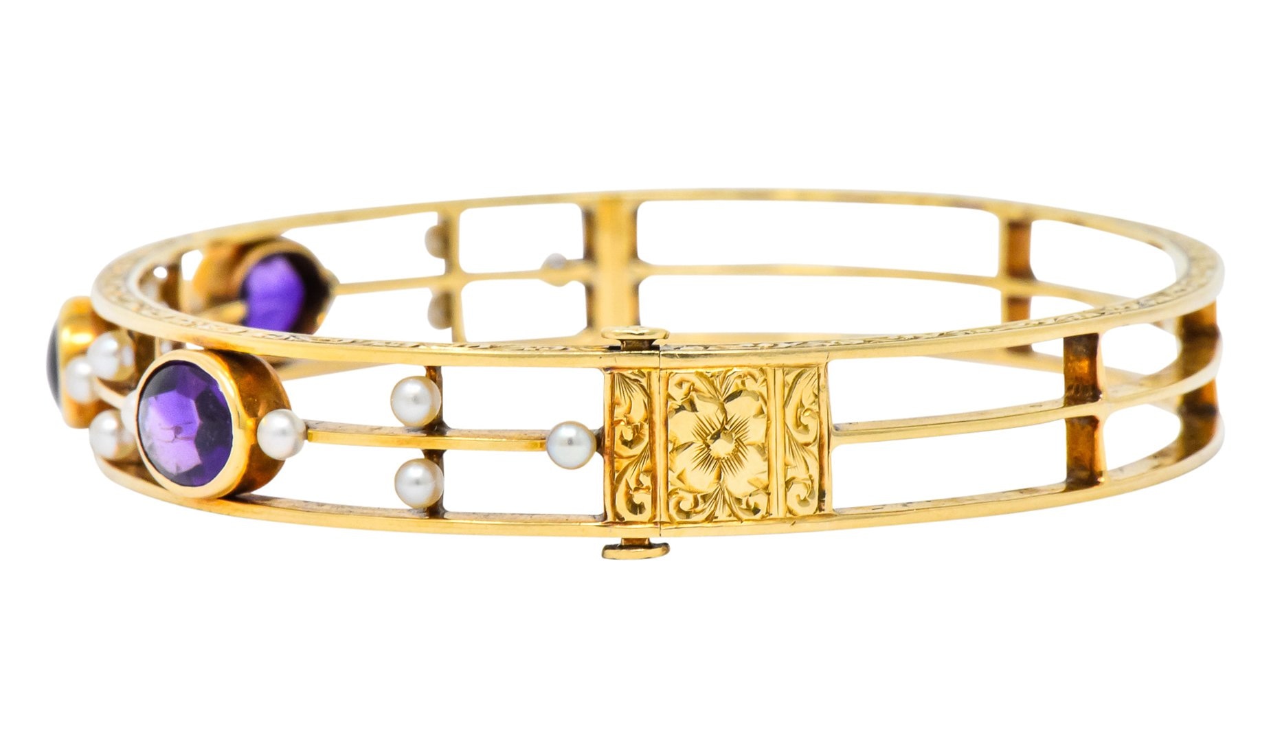 Art Nouveau Amethyst Pearl 14 Karat Gold Bangle Bracelet - Wilson's Estate Jewelry