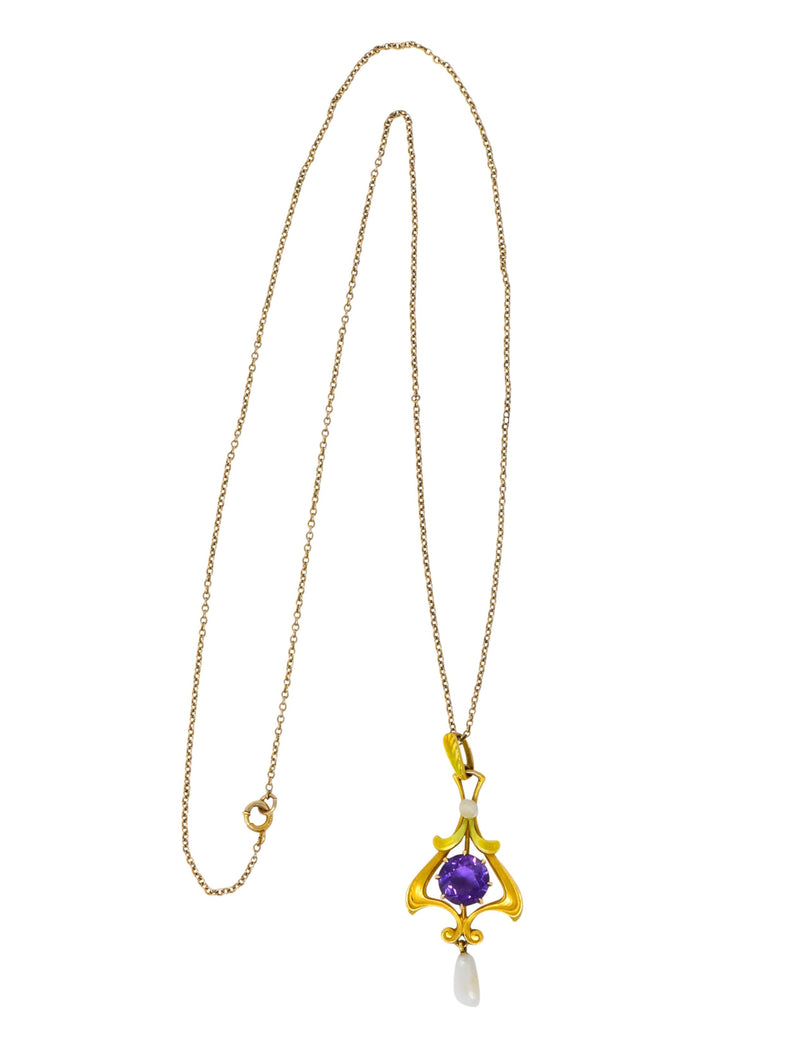 Art Nouveau Amethyst Pearl Enamel 14 Karat Gold Pendant Necklace - Wilson's Estate Jewelry