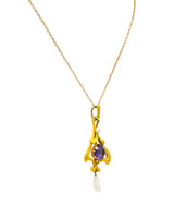 Art Nouveau Amethyst Pearl Enamel 14 Karat Gold Pendant Necklace - Wilson's Estate Jewelry