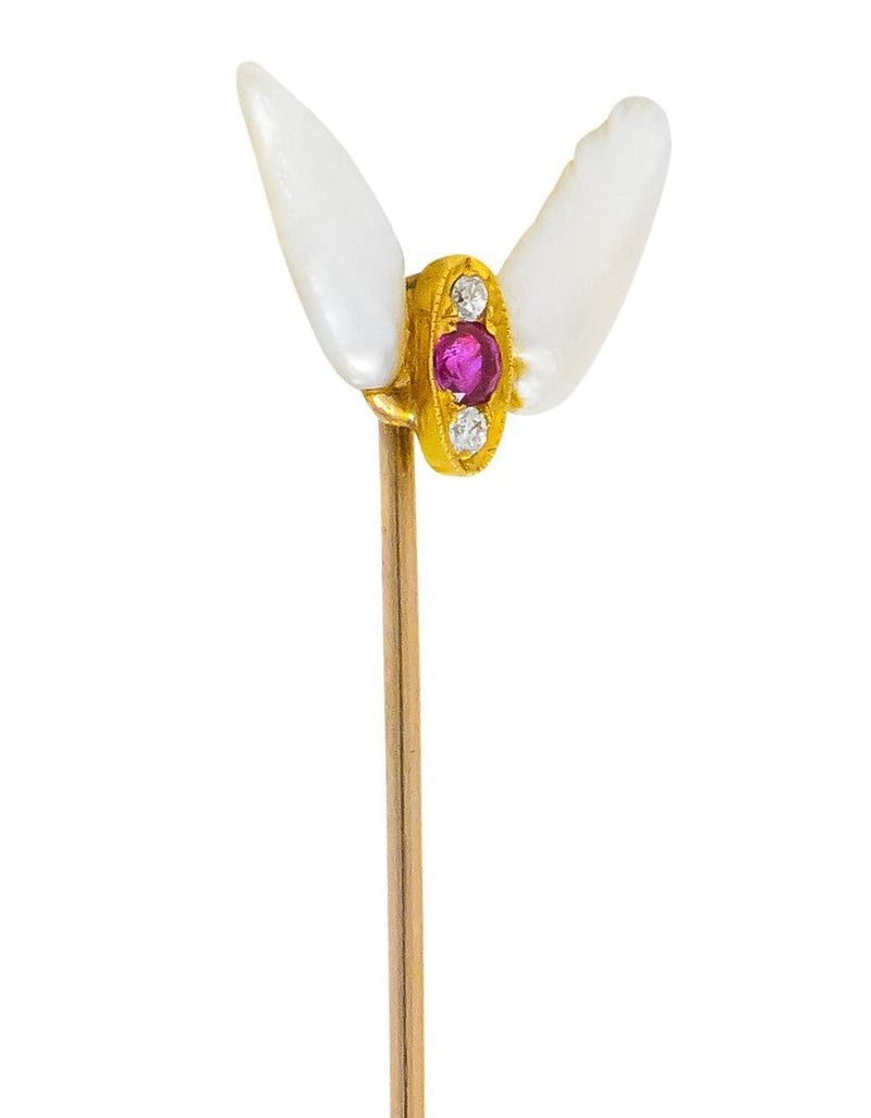 Art Nouveau Baroque Pearl Ruby Diamond Winged 10 Karat Gold Stickpin - Wilson's Estate Jewelry