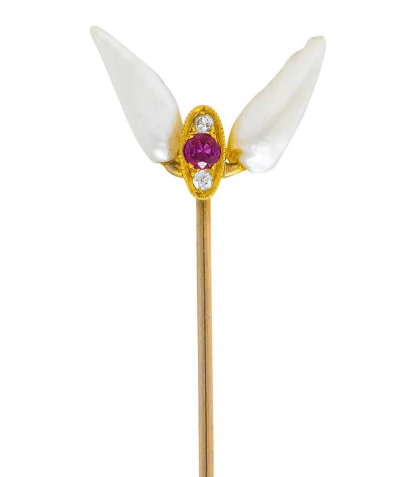 Art Nouveau Baroque Pearl Ruby Diamond Winged 10 Karat Gold Stickpin - Wilson's Estate Jewelry