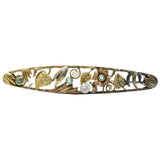 Art Nouveau Diamond, Emerald & Pearl 14K Tri-Color Gold Bar Brooch Wilson's Estate Jewelry