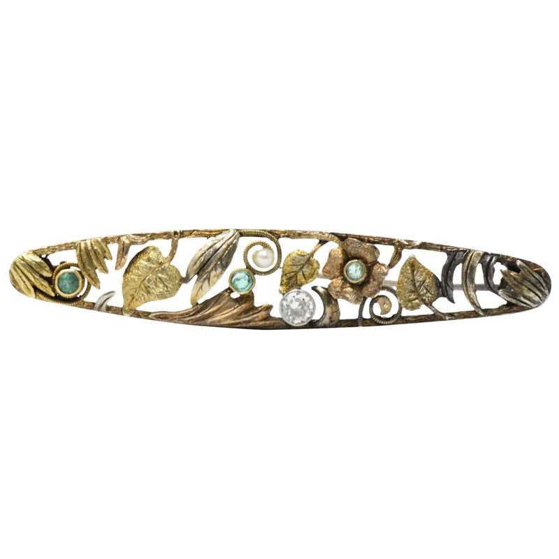 Art Nouveau Diamond, Emerald & Pearl 14K Tri-Color Gold Bar Brooch Wilson's Estate Jewelry