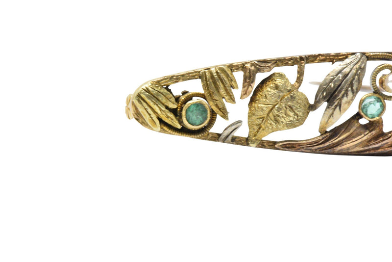 Art Nouveau Diamond, Emerald & Pearl 14K Tri-Color Gold Bar Brooch Wilson's Estate Jewelry