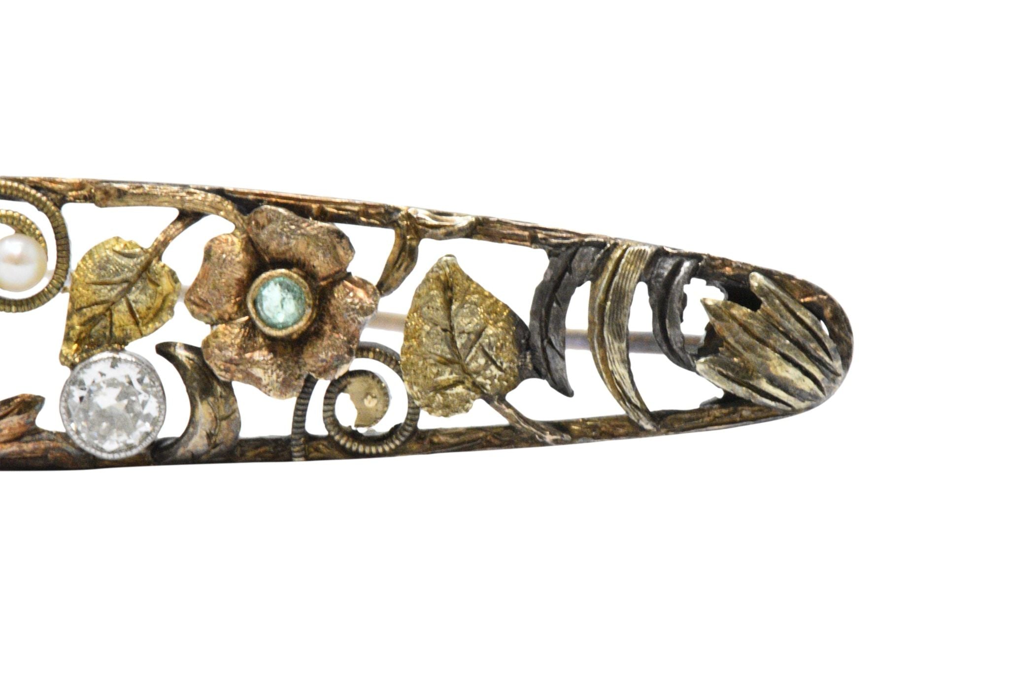 Art Nouveau Diamond, Emerald & Pearl 14K Tri-Color Gold Bar Brooch Wilson's Estate Jewelry