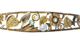 Art Nouveau Diamond, Emerald & Pearl 14K Tri-Color Gold Bar Brooch Wilson's Estate Jewelry