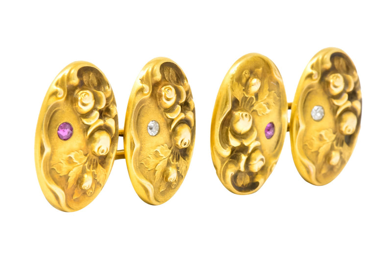 Art Nouveau Diamond Ruby 14 Karat Gold Floral Cufflinks - Wilson's Estate Jewelry