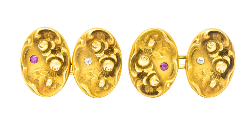 Art Nouveau Diamond Ruby 14 Karat Gold Floral Cufflinks - Wilson's Estate Jewelry