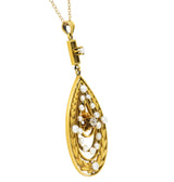Art Nouveau Diamond Seed Pearl 14 Karat Gold Drop Pendant Necklace Wilson's Estate Jewelry