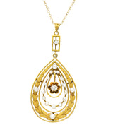 Art Nouveau Diamond Seed Pearl 14 Karat Gold Drop Pendant Necklace Wilson's Estate Jewelry