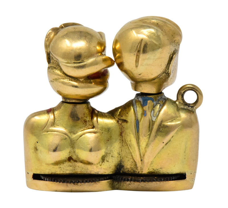 Art Nouveau Enamel 14 Karat Gold Moveable Kissing Couple Charm - Wilson's Estate Jewelry