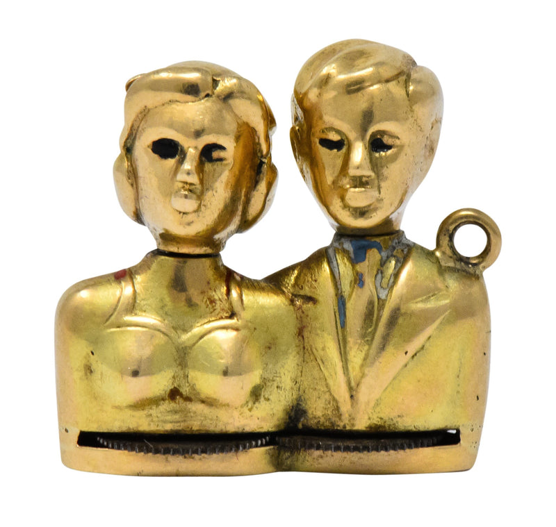 Art Nouveau Enamel 14 Karat Gold Moveable Kissing Couple Charm - Wilson's Estate Jewelry