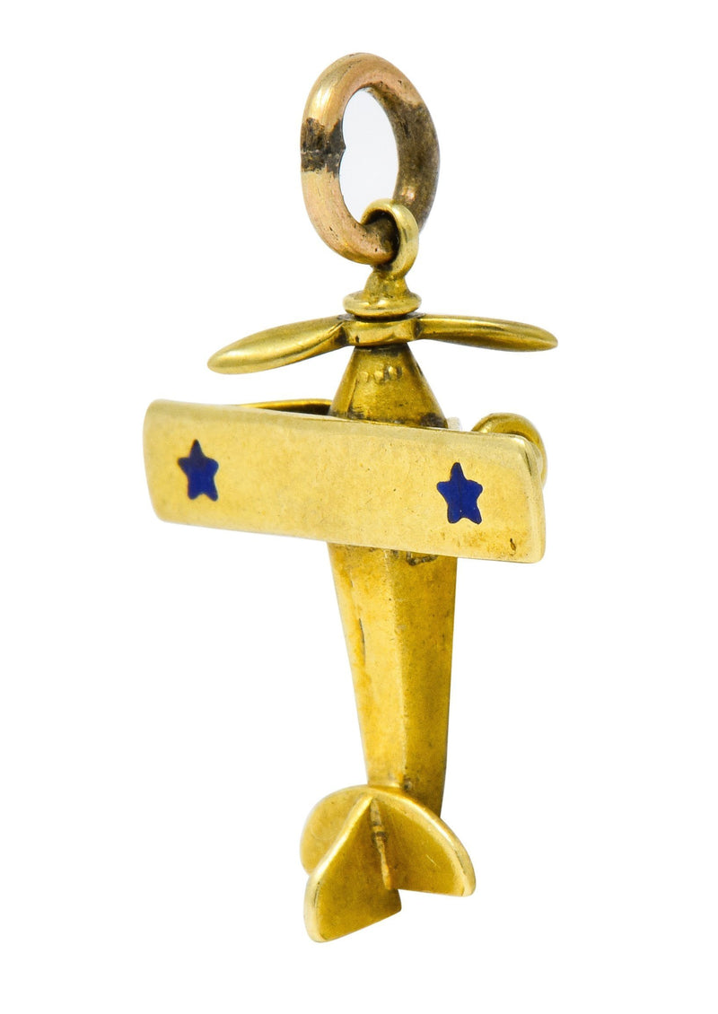Art Nouveau Enamel 14 Karat Gold Star Propeller Plane Charm - Wilson's Estate Jewelry