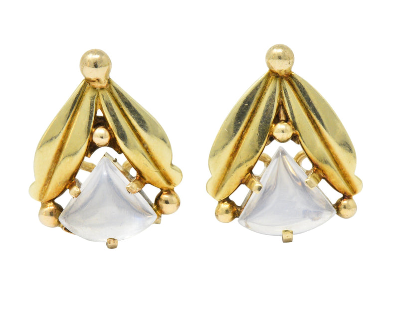 Art Nouveau Moonstone 14 Karat Gold Foliate Ear-Clip Earrings Wilson's Estate Jewelry