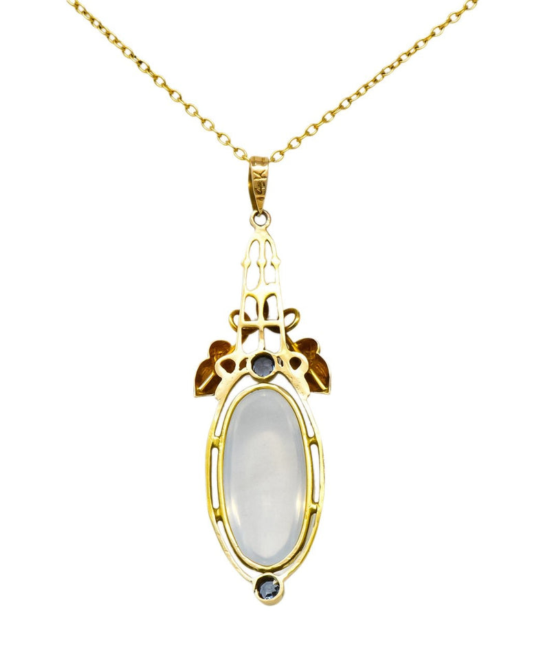 Art Nouveau Moonstone Sapphire 14 Karat Gold Acorn Accented Pendant - Wilson's Estate Jewelry