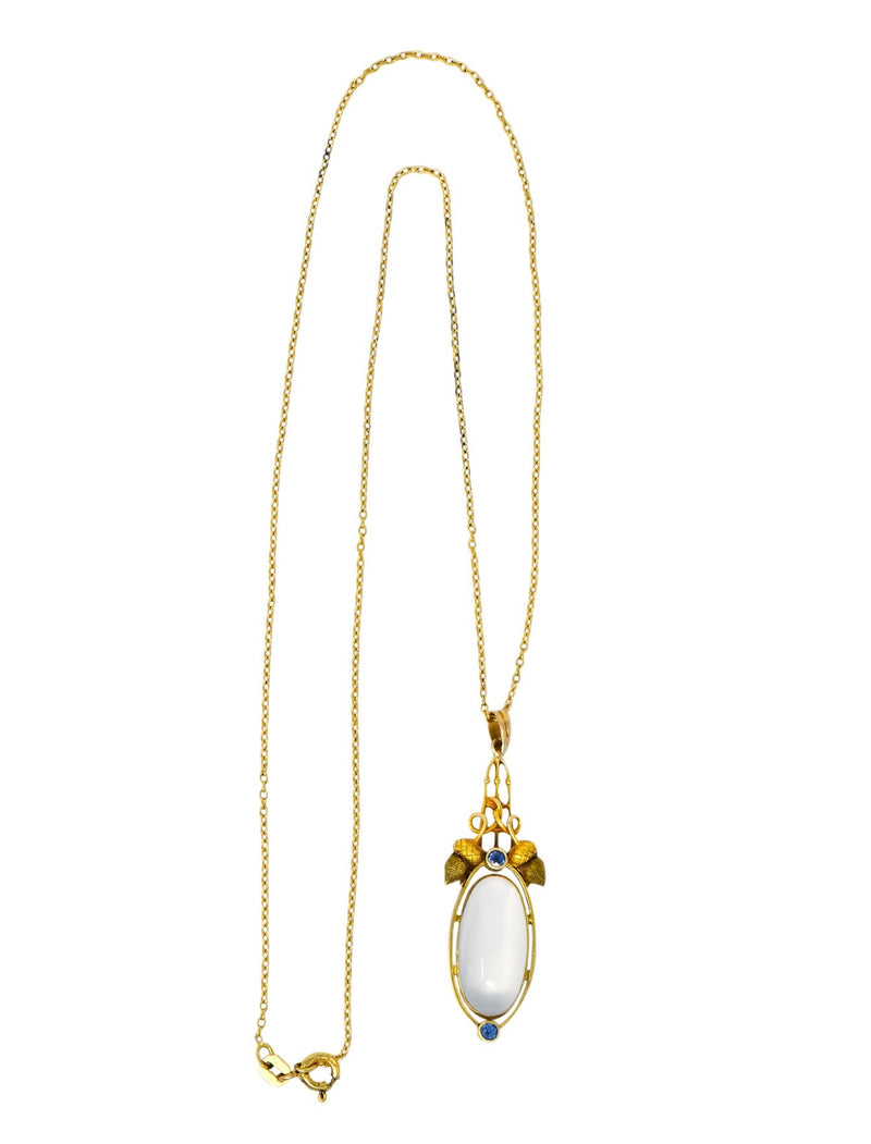 Art Nouveau Moonstone Sapphire 14 Karat Gold Acorn Accented Pendant - Wilson's Estate Jewelry