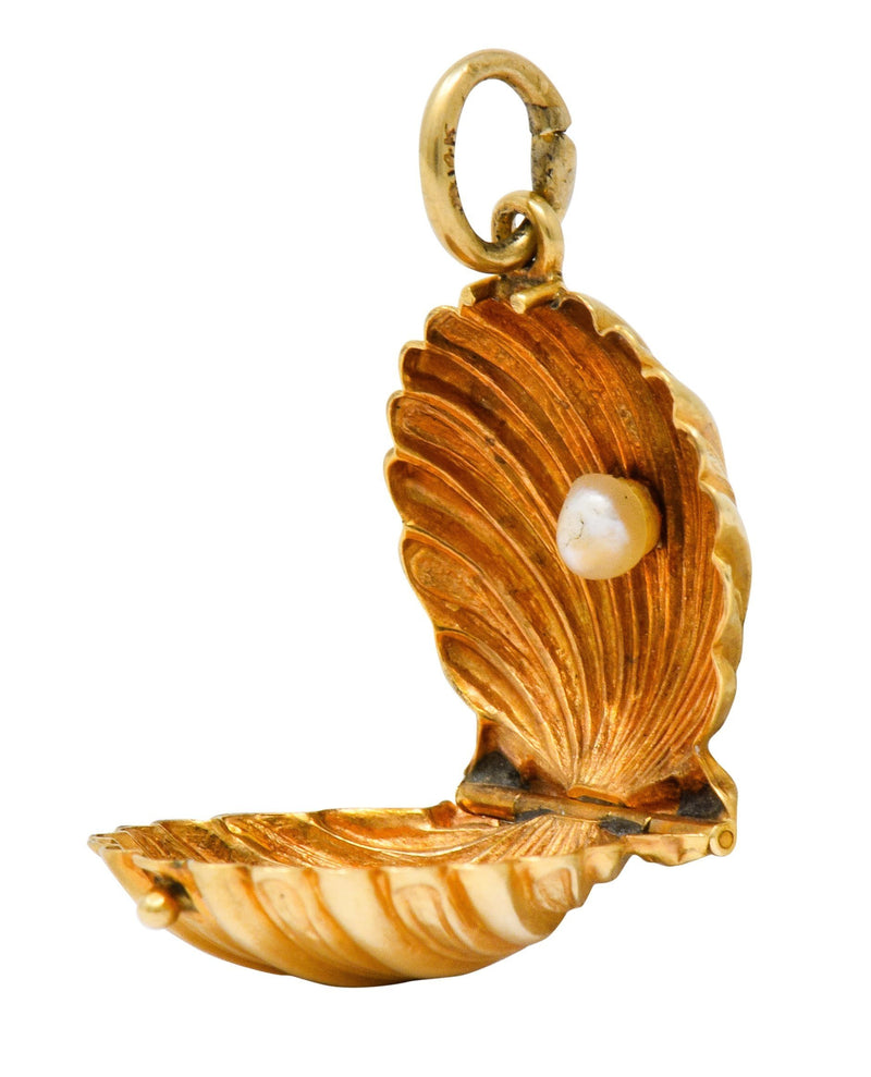 Small Clam Sea Shell With Pearl Pendant 14k Gold Charm & Chain Oyster Perla  Oro