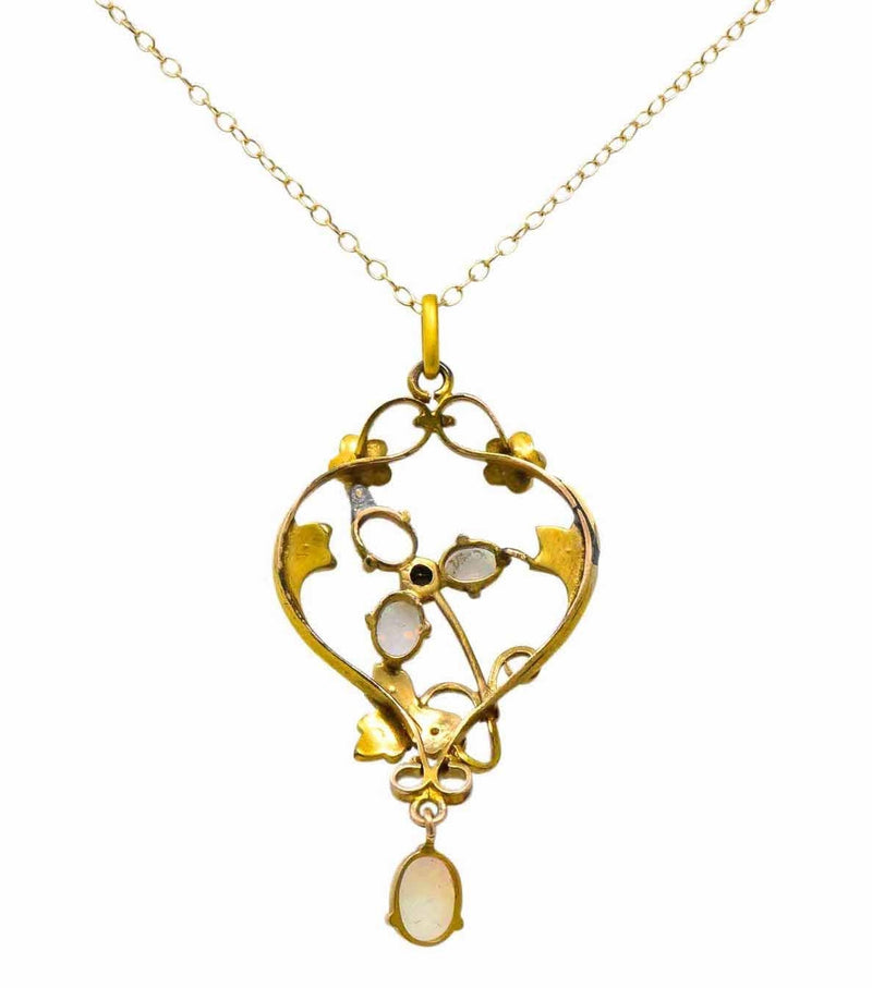 Art Nouveau Opal Demantoid Garnet Seed Pearl 14 Karat Gold Pendant Necklace - Wilson's Estate Jewelry