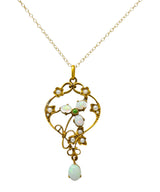 Art Nouveau Opal Demantoid Garnet Seed Pearl 14 Karat Gold Pendant Necklace - Wilson's Estate Jewelry