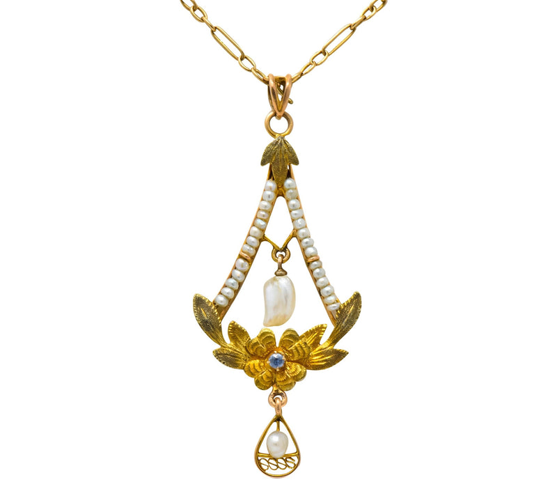Art Nouveau Pearl Sapphire 10 Karat Tri-Gold Floral Lavalier Pendant Necklace - Wilson's Estate Jewelry