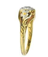 Arts & Crafts 0.42 CTW Diamond 14 Karat Tri-Colored Gold Floral Engagement Ring - Wilson's Estate Jewelry
