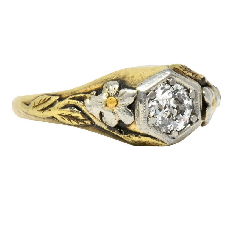 Arts & Crafts 0.42 CTW Diamond 14 Karat Tri-Colored Gold Floral Engagement Ring - Wilson's Estate Jewelry